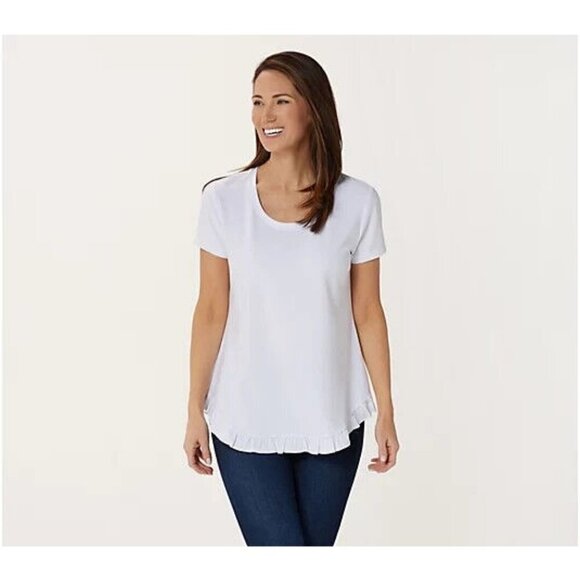 Isaac Mizrahi Live! Scoop Neck Curved Ruffle Hem Knit Top Bright White,XS - Picture 1 of 1